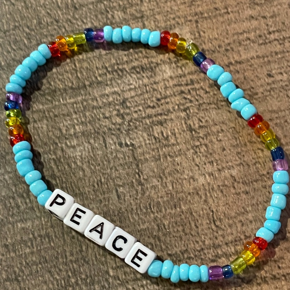 Peace Block Letter Rainbow Beaded Bracelet